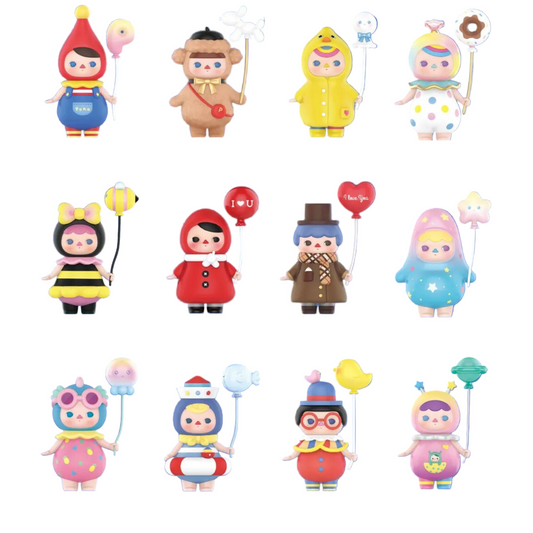 Colorful cartoon characters in various costumes with balloons on a blue background